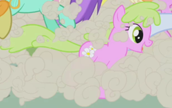 Size: 614x388 | Tagged: safe, imported from derpibooru, screencap, amethyst star, carrot top, daisy, flower wishes, golden harvest, linky, lyra heartstrings, shoeshine, sparkler, pony, alternate hairstyle, blue coat, cloud, dust cloud, flower, green eyes, green mane, green tail, lyre, musical instrument, orange mane, pink coat, pink tail, purple coat, purple mane, running, smoke, tail, teal coat, yellow coat