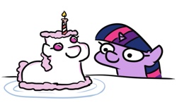 Size: 617x367 | Tagged: safe, artist:jargon scott, imported from derpibooru, twilight sparkle, pony, unicorn, cake, candle, female, filly, filly twilight sparkle, food, looking at something, simple background, smiling, solo, squatpony, twiggie, unicorn twilight, white background, younger