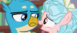 Size: 1219x533 | Tagged: safe, imported from derpibooru, screencap, cozy glow, gallus, griffon, pegasus, pony, what lies beneath, cropped, duo, female, filly, foal, gallus is not amused, male, unamused