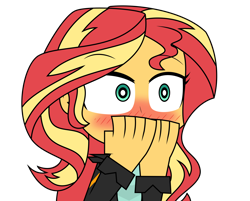 Size: 3000x2416 | Tagged: safe, artist:keronianniroro, imported from derpibooru, sunset shimmer, human, equestria girls, blushing, covering mouth, high res, simple background, solo, transparent background