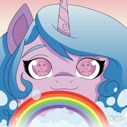 Size: 2000x2000 | Tagged: safe, artist:digitaldrawingmachine, imported from derpibooru, izzy moonbow, pipp petals, pony, unicorn, bubble, close-up, comic, eye reflection, g5, rainbow, redraw, reflection, shipping fuel, solo