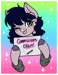 Size: 1557x2025 | Tagged: safe, artist:drawing-assassin-art, derpibooru exclusive, imported from derpibooru, oc, oc only, advertisement, blushing, commission info, commission open, ear blush, eyebrows, eyebrows visible through hair, female, gradient background, mare, one eye closed, raised hooves, sign, sparkles, tongue out, wink