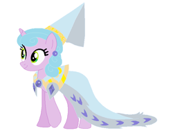 Size: 657x513 | Tagged: safe, artist:unicornsmile, imported from derpibooru, oc, oc only, oc:snowy, earth pony, pony, cape, clothes, dressup, ear piercing, female, happy, hat, hennin, jewelry, piercing, princess, robe, robes, simple background, smiling, solo, white background