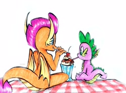 Size: 4045x2997 | Tagged: safe, artist:liaaqila, imported from derpibooru, smolder, spike, dragon, cherry, dragoness, duo, female, food, ice cream, male, sharing a drink, simple background, straw, sundae, traditional art, watercolor painting, white background