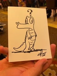 Size: 3024x4032 | Tagged: safe, artist:andypriceart, imported from derpibooru, gummy, alligator, bipedal, everfree northwest, everfree northwest 2022, ink drawing, question mark, solo, traditional art