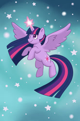 Size: 842x1280 | Tagged: safe, artist:lixa, imported from derpibooru, twilight sparkle, alicorn, pony, female, flying, glowing, glowing horn, horn, magic, mare, one eye closed, smiling, solo, spread wings, starry background, twilight sparkle (alicorn), wings, wink