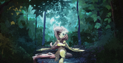 Size: 2802x1437 | Tagged: safe, artist:lendftcn, imported from derpibooru, fluttershy, pegasus, pony, female, forest, mare, sitting, solo