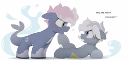 Size: 4096x1982 | Tagged: safe, artist:mochi_nation, imported from derpibooru, oc, oc only, oc:silver bolt, oc:water socks, earth pony, pony, blushing, coat markings, dialogue, duo, female, looking at each other, looking at someone, lying down, male, mare, on back, simple background, stallion, super powers, water, white background