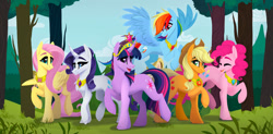 Size: 1280x628 | Tagged: safe, artist:alrumoon_art, imported from derpibooru, applejack, fluttershy, pinkie pie, rainbow dash, rarity, twilight sparkle, earth pony, pegasus, pony, unicorn, big crown thingy, chest fluff, element of generosity, element of honesty, element of kindness, element of laughter, element of loyalty, element of magic, elements of harmony, female, jewelry, mane six, mare, raised hoof, regalia, tree, unicorn twilight