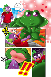 Size: 1500x2234 | Tagged: safe, artist:boastudio, imported from derpibooru, spike, anthro, dragon, frog, toad, comic, commission, disguise, disguised changeling, exclamation point, eyes closed, kissing, looking at you, male, speech bubble