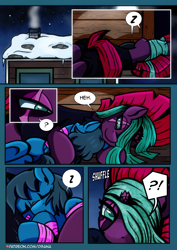 Size: 2480x3508 | Tagged: safe, artist:dsana, imported from derpibooru, fizzlepop berrytwist, tempest shadow, oc, oc:lullaby dusk, pegasus, pony, unicorn, comic:a storm's lullaby, bandage, bandaged wing, comic, female, filly, foal, mare, sleeping, wings