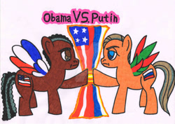 Size: 1024x723 | Tagged: safe, artist:tatjuska, imported from derpibooru, pony, 2014, barack obama, politics, ponified, russia, slowpoke, united states, vladimir putin