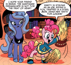 Size: 629x574 | Tagged: safe, artist:amymebberson, idw, imported from derpibooru, pinkie pie, princess luna, alicorn, earth pony, pony, spoiler:comic, spoiler:comic05, blue mane, blue sweater, blue tail, blue wings, book, bookshelf, cheerleader, cheerleader outfit, clothes, comic, crown, dialogue, folded wings, g4, horn, implied rarity, jewelry, nightmare rarity (arc), official, pigtails, pink mane, pink tail, pom pom, regalia, s1 luna, sweater, tail, text, wings, wings down