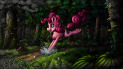 Size: 1920x1080 | Tagged: safe, artist:nuxersopus, imported from derpibooru, pinkie pie, earth pony, pony, female, forest, mare, mushroom, open mouth, open smile, smiling, solo, splash, tree, underhoof, water