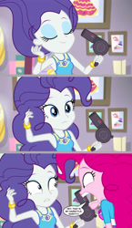 Size: 2193x3780 | Tagged: safe, artist:silverbuller, edit, edited screencap, imported from derpibooru, screencap, pinkie pie, rarity, human, do it for the ponygram!, equestria girls, equestria girls series, spoiler:eqg series (season 2), alternate hairstyle, comic, curly hair, hair dryer, pinkie pie hair, pinkie pie is not amused, screencap comic, unamused