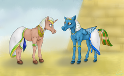 Size: 1920x1174 | Tagged: safe, artist:lennystendhal13, imported from derpibooru, oc, oc only, oc:neferneferuaten nefertiti, oc:nefertiti, oc:scarab, pegasus, pony, unicorn, armband, egyptian, egyptian headdress, egyptian pony, hoers, loincloth, nefertiti