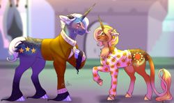 Size: 1280x761 | Tagged: safe, artist:malinraf1615, imported from derpibooru, jack pot, sunflower spectacle, pony, unicorn, clothes, crying, female, jacktacle, male, shipping, straight, sweater