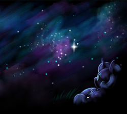 Size: 660x592 | Tagged: safe, artist:feather-ponyart, imported from derpibooru, princess luna, alicorn, pony, female, filly, lying down, night, on back, solo, stargazing, stars, woona, younger