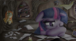 Size: 1920x1044 | Tagged: safe, artist:aquaticsun, imported from derpibooru, princess celestia, twilight sparkle, oc, oc:feather, pony, crossed hooves, crying, golden oaks library, leaning, paper, picture