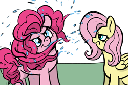 Size: 2178x1458 | Tagged: safe, artist:doodledonutart, imported from derpibooru, fluttershy, pinkie pie, earth pony, pegasus, pony, behaving like a dog, comic, duo, duo female, female, fluttershy is not amused, pinkie being pinkie, shaking, unamused, wet, wet-dog shake