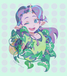Size: 938x1073 | Tagged: safe, artist:animesoul, imported from derpibooru, part of a set, phyllis, starlight glimmer, human, eared humanization, horn, horned humanization, humanized, looking at you, one eye closed, plant, smiling, vine, wink