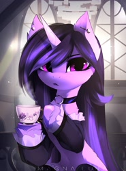 Size: 2865x3864 | Tagged: safe, artist:magnaluna, imported from derpibooru, izzy moonbow, pony, unicorn, belly button, clothes, collar, cup, female, g5, goth, goth izzy, looking at you, mare, sitting, solo, stockings, thigh highs