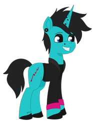 Size: 1179x1516 | Tagged: safe, artist:dyonys, imported from derpibooru, oc, oc only, pony, unicorn, as it is, clothes, ear piercing, eyeshadow, g5, hoodie, horn, horn piercing, makeup, male, my little pony: tell your tale, patty walters, piercing, simple background, smiling, solo, stallion, tattoo, transparent background