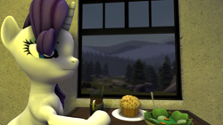 Size: 1920x1080 | Tagged: safe, artist:derpy_fan, imported from derpibooru, rarity, pony, 3d, food, herbivore, muffin, salad, solo, source filmmaker, tea, window