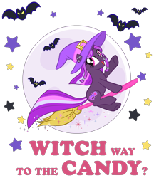 Size: 2280x2637 | Tagged: safe, artist:lillyleaf101, imported from derpibooru, oc, oc only, oc:nebula gloom, bat, pony, unicorn, broom, female, flying, flying broomstick, hat, mare, simple background, solo, transparent background, witch hat