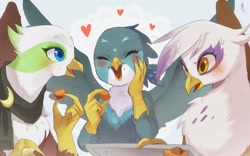 Size: 2048x1280 | Tagged: safe, artist:hosikawa, imported from derpibooru, gabby, gilda, greta, griffon, abstract background, blue background, blushing, bust, clothes, cute, eating, eyes closed, female, gabbybetes, gildadorable, griffon scone, heart, japanese, open mouth, profile, scarf, simple background, spread wings, trio, trio female, wings