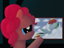 Size: 2225x1663 | Tagged: safe, artist:aklimovich, imported from derpibooru, pinkie pie, rainbow dash, pony, fanfic:the party hasn't ended, cloud, crying, fanfic art, female, lesbian, on a cloud, picture, pinkiedash, shipping