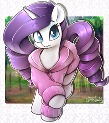 Size: 1220x1368 | Tagged: safe, artist:llametsul, imported from derpibooru, rarity, pony, unicorn, alternate hairstyle, atg 2022, blurry background, clothes, colored, cute, female, hoodie, looking at you, mare, newbie artist training grounds, signature, solo