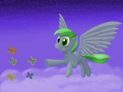 Size: 3389x2536 | Tagged: safe, artist:aklimovich, imported from derpibooru, oc, oc only, oc:forest rain, butterfly, pegasus, pony, flying, high res, smiling, solo