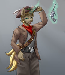 Size: 2000x2300 | Tagged: safe, artist:zachc, imported from derpibooru, oc, oc only, anthro, unicorn, commission, glowing, glowing horn, gun, handgun, hat, horn, looking at you, magic, male, revolver, solo