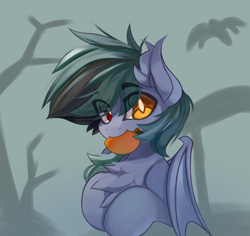 Size: 3622x3421 | Tagged: safe, artist:jfrxd, imported from derpibooru, oc, oc only, oc:scrimmy, bat pony, pony, bat pony oc, bat wings, chest fluff, complex background, ear fluff, folded wings, food, herbivore, heterochromia, hooves to the chest, hooves together, looking at you, male, mango, mangoes, pony oc, solo, white pupils, wings