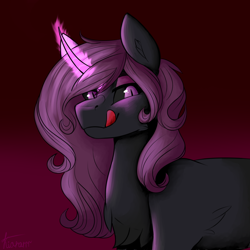 Size: 1000x1000 | Tagged: safe, artist:kiararrr, imported from derpibooru, oc, oc only, oc:keiran, pony, unicorn, edgy, female, licking, licking lips, long mane, looking down, magic, magic aura, mare, simple background, solo, tongue out