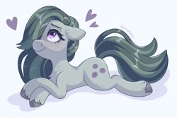 Size: 2021x1354 | Tagged: safe, artist:skysorbett, imported from derpibooru, marble pie, earth pony, pony, blushing, cute, female, hair over one eye, heart, lying down, marblebetes, mare, prone, simple background, solo, unshorn fetlocks, white background