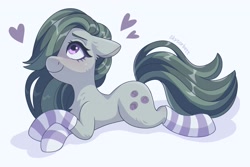 Size: 2021x1354 | Tagged: safe, alternate version, artist:skysorbett, imported from derpibooru, marble pie, earth pony, pony, blushing, clothes, cute, female, hair over one eye, heart, lying down, marblebetes, mare, prone, simple background, socks, solo, striped socks, white background