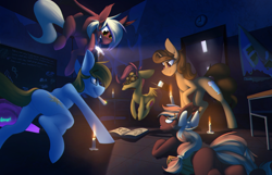 Size: 2000x1289 | Tagged: safe, artist:noxy, imported from derpibooru, scootaloo, oc, oc:dimi, oc:middy, oc:picture perfect, oc:rara, bird, chicken, ghost, undead, braces, camera, candle, female, flashlight (object), flying, haunted, male, phasmophobia, school, scootachicken, shipping, spooky, straight