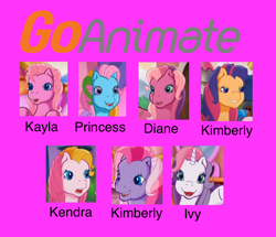 Size: 930x800 | Tagged: safe, artist:mrmenandlittlemissshow1996, edit, imported from derpibooru, cheerilee (g3), pinkie pie (g3), rainbow dash (g3), scootaloo (g3), starsong, sweetie belle (g3), toola roola, earth pony, pegasus, pony, unicorn, core seven, cute, diane (goanimate), female, g3, g3 cheeribetes, g3 cutealoo, g3 dashabetes, g3 diapinkes, g3 diasweetes, goanimate, ivy (goanimate), kayla, kendra, kimberly, mare, pink background, princess, roolabetes, simple background, starsawwwng, voices