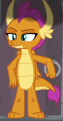 Size: 362x695 | Tagged: safe, imported from derpibooru, screencap, smolder, dragon, molt down, cropped, dragoness, female, smoke, smug, solo