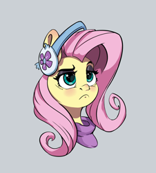 Size: 1914x2118 | Tagged: safe, artist:i love hurt, imported from derpibooru, fluttershy, pegasus, pony, dungeons and discords, bust, earmuffs, female, g4, mare, pink hair, portrait, raised eyebrow, sad, simple background, simple shading, solo