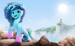 Size: 4000x2480 | Tagged: safe, artist:dormin-dim, imported from derpibooru, pony, unicorn, female, g5, mare, maretime bay, misty brightdawn, open mouth, open smile, smiling, solo, unshorn fetlocks