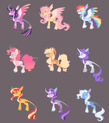 Size: 1280x1438 | Tagged: safe, artist:wanderingpegasus, imported from derpibooru, applejack, fluttershy, pinkie pie, rainbow dash, rarity, starlight glimmer, sunset shimmer, trixie, twilight sparkle, alicorn, classical unicorn, earth pony, pegasus, pony, unicorn, equestria girls, alternate design, alternate hairstyle, applejack's hat, bald face, blaze (coat marking), body freckles, brown background, chest fluff, cloven hooves, coat markings, colored eartips, colored eyelashes, colored hooves, colored pinnae, colored wings, cowboy hat, curved horn, facial markings, feathered ears, feathered fetlocks, female, freckles, gradient wings, hat, heart mark, horn, ibispaint x, leonine tail, mane six, mare, markings, multicolored wings, pale belly, rainbow wings, redesign, side view, simple background, snip (coat marking), socks (coat markings), star (coat marking), straight horn, tail, twilight sparkle (alicorn), unshorn fetlocks, wings