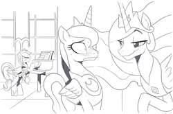 Size: 1497x993 | Tagged: safe, artist:nauyaco, imported from derpibooru, princess celestia, princess luna, oc, alicorn, pegasus, pony, blushing, duo focus, female, jewelry, monochrome, musical instrument, piano, regalia, simple background, smug, smuglestia, sweat, trio, white background