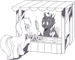 Size: 1579x1262 | Tagged: safe, artist:nauyaco, imported from derpibooru, oc, oc:w. rhinestone eyes, changeling, pony, unicorn, corn, female, food, food stand, honeypot changeling, mare, monochrome, simple background, vendor stall, white background