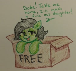 Size: 2048x1906 | Tagged: safe, artist:pony quarantine, imported from ponybooru, oc, oc only, oc:filly anon, earth pony, pony, box, dialogue, female, filly, foal, solo, talking to viewer, traditional art