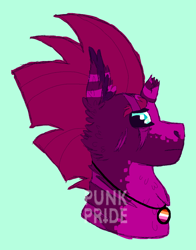 Size: 1100x1400 | Tagged: safe, artist:punkpride, imported from twibooru, tempest shadow, pony, unicorn, alternate design, broken horn, bust, facial markings, female, green background, headcanon, horn, image, jewelry, lesbian pride flag, mare, mohawk, necklace, png, portrait, pride, pride flag, profile, scar, sexuality headcanon, simple background, solo