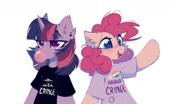Size: 1150x691 | Tagged: safe, artist:mirtash, imported from derpibooru, pinkie pie, twilight sparkle, alicorn, earth pony, pony, semi-anthro, bubblegum, bust, clothes, duo, duo female, ear piercing, eye clipping through hair, eyebrows, eyebrows visible through hair, female, food, gum, heart, horn, lesbian, mare, open mouth, open smile, pansexual, pansexual pride flag, peace symbol, piercing, pride, pride flag, shipping, shirt, simple background, smiling, twilight sparkle (alicorn), twinkie, white background