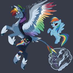 Size: 2000x2000 | Tagged: safe, artist:solarmoondreams, imported from twibooru, rainbow dash, pegasus, pony, coat markings, colored hooves, colored wings, feathered fetlocks, female, gradient wings, gray background, image, leonine tail, mare, multicolored wings, nose piercing, nose ring, piercing, png, rainbow wings, redesign, sharp teeth, simple background, solo, tail feathers, teeth, twitterina design, wings